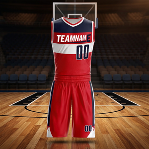 Ensemble de maillots de basket-ball professionnels personnalisés, nom de l'équipe imprimé, sans manches, taille élastique, rouge, blanc, marine, maille respirante, unisexe, adulte - Product Image 2