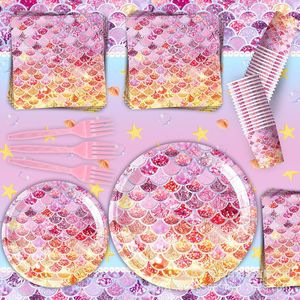 Juego de Vajilla Desechable con Diseño de Escamas de Pez Rosa, 40-60 Piezas, Platos, Vasos, Servilletas, Decoraciones de Cumpleaños - Product Image 1