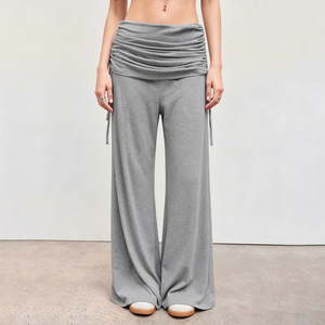 Women Y2K Foldover Waist Ruched Drawstring Wide Leg Sweatpants Casual Loose Fit Streetwear Jogger Pants - Product Image 4