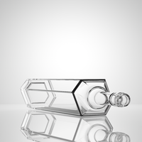Bouteille à liqueur géométrique haute en verre, directement de l'usine, avec bouchon en liège et capuchon pulvérisateur, surface transparente pour étiquette personnalisée