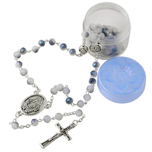 Catholic Jwewlry 5*6mm Shiny Blue Faceted Round Crystal Beads Our Lady of Guadalupe Chain Rosary Prayer Necklaces with Gift Box