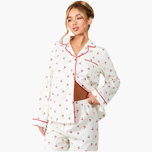 Pijamas de Algodón Personalizados con Estampado de Cerezas y Manga Larga, Conjuntos de Pijamas Personalizados para Mujer, Pijamas de Bambú con Ribete, Ropa de Dormir para Mujer - Product Image 2
