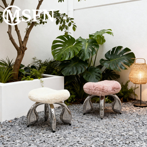 MSFN Modern Tasarım Beyaz Yün Oturma Taburesi, Parlak Paslanmaz Çelik Balon Şeklinde Taban ve Peluş Minder ile Oturma Odaları ve Oteller İçin - Product Image 6