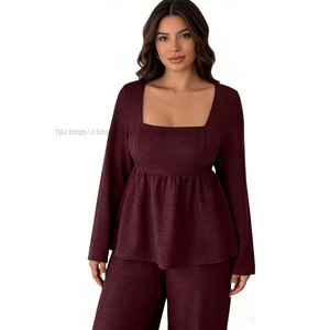 Women's Plus Size Peplum Top & Wide Leg Pants <b>Set</b> <b>Square</b> Neck Long Sleeve 2 Piece Loungewear Fashion - Product Image 5