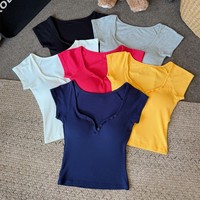 Atasan Crop Top Ribbed Multi Warna Lengan Pendek Ketat Wanita Kaos Dasar