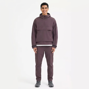 Men's Casual Half Zip Windbreaker <b>Jacket</b> <b>Custom</b> Logo Waterproof Pullover Big Front Pocket Lined <b>Denim</b> Fabric 3D Embroidered - Product Image 1
