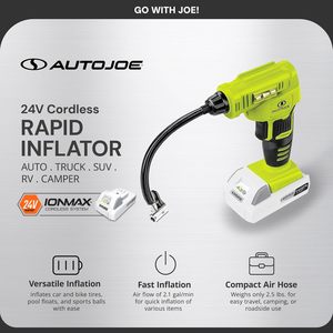 Compresseur d'air portable sans fil Auto <span class=keywords><strong>Joe</strong></span> 24V-AJC-MAX 24V IONMAX avec batterie 13Ah, embout de gonflage et adaptateurs Presta coniques pour pneus - Product Image 2
