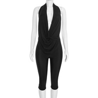 C26JP311 Jumpsuit Wanita Seksi Model Halter Neck Tanpa Punggung dengan Aksen Draped, Twist Knot, Patchwork, Warna Solid, Capri Romper, Street Wear, Satu Set