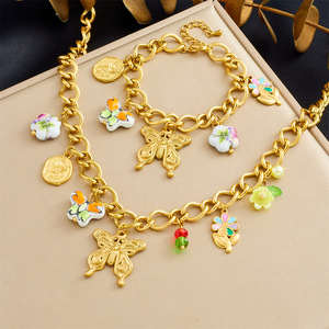 Fashion Pendant Necklace Set Gold Plated Butterfly Ceramic Flower Charm Chain Jewelry Gift for Women - Product Image 1