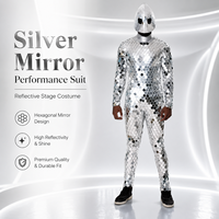 Costume de scène et de danse pour homme, intégral, avec miroirs hexagonaux et casque en forme de goutte d'eau argenté, pour cosplay Alien Sci-Fi, tenue unique