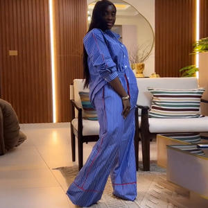 Ensemble Décontracté Femme Nouvelle Mode Été 2025, Chemise Rayée Boutonnée à Manches Longues et Pantalon Ample - Product Image 3