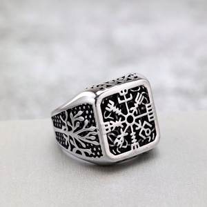 Nordic Vintage Stainless Steel Men's <b>Ring</b> Hollow Tree Of Life Compass Design Hip Hop Style Gift Jewelry - Product Image 1