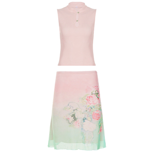 Conjunto de Top Corto y Falda Midi con Estampado Botánico, Estilo Chino, Color Verde Menta, con Detalles en Malla Elástica - Product Image 6