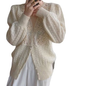 เสื้อคาร์ดิแกนถักลูกไม้ประดับมุกสำหรับผู้หญิง - เสื้อสเวตเตอร์แฟชั่นคอวีแขนพองสไตล์ลำลองสุดหรู - Product Image 6