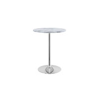 Table de bistrot, pub ou bar contemporaine élégante avec plateau rond en marbre noir et piétement haut chromé sur pieds.