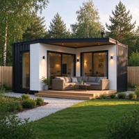 Maison conteneur moderne en forme de L, préfabriquée, petite maison avec terrasse en bois pour jardin, maison d'hôtes résidentielle
