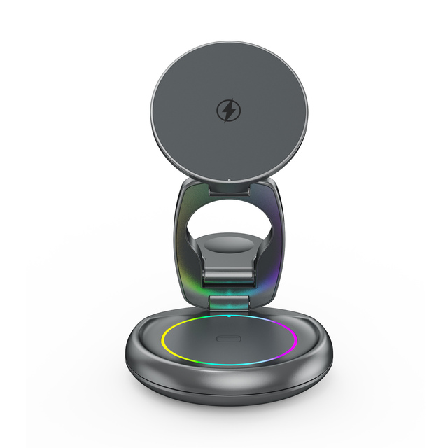 2024 New Product Ideas 15W PD Wireless Charger Aluminum Alloy 3-in-1 RGB LED Light Colorful 360° Rotation Foldable 16" Phone