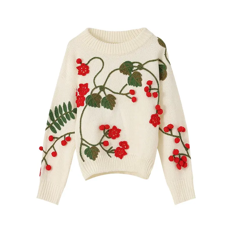 Stereo embroidery flower long-sleeved knit sweater lazy loose crochet sweater coat for women