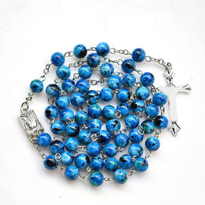 Rosario de Cristal Azul Católico con Cuentas de Cristal, Chapado en Rodio, Cruz de Jesús, María, para Mujer, Imitación - Product Image 3
