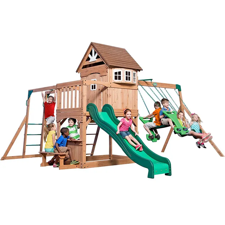 Fabriek Gecombineerd Voorschoolse Peuter Achtertuin Kids Slide Touw Klimmen Outdoor Spelen Sets Kinderen Houten Speeltuin Met Swing