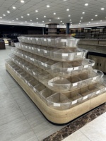 Présentoir double face de style étagère avec bacs transparents, meuble de rangement en bois pour supermarché