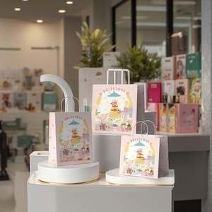 Sacs d'emballage pour pain et pâtisserie en papier kraft rose et blanc avec poignée, logo personnalisé en gros, avec votre propre logo - Product Image 3