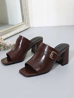 Mules à talon carré en similicuir pour femme, à bout ouvert, avec boucle métallique réglable, talon épais, à enfiler, sandales à talons tendance