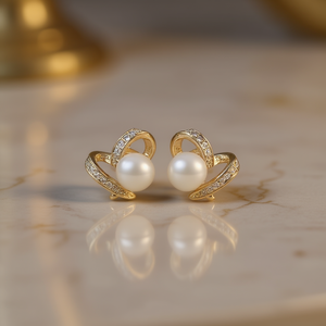 E2856 Orecchini a cuore in oro bianco con montatura a canale di perle per donna, gioielli classici di alta qualità - Product Image 2