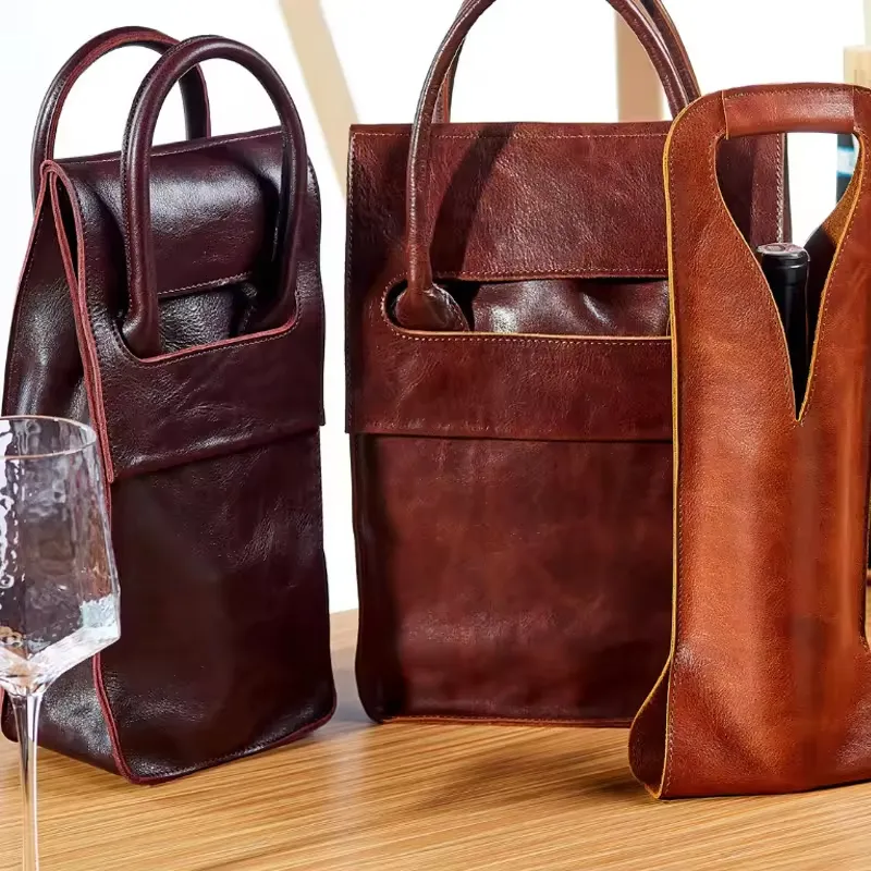 Portador de botellas de vino y whisky impermeable de alta calidad, bolsa de vino, bolsa de compras de vino suave plegable de cuero PU
