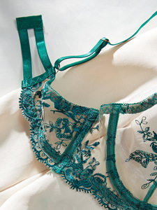 Green Floral Embroidery Lingerie <b>Set</b> <b>Sexy</b> Sheer Mesh Underwire Bra and Thong Panties <b>Set</b> 2 Piece Bow Lace Intimates <b>Set</b> OEM ODM - Product Image 6