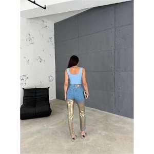 Pantalones vaqueros de mezclilla para mujer con detalles de lámina y roturas en la rodilla, dorados, de cintura alta, corte recto acampanado, holgados, con estampado de leopardo, transpirables, lavado oscuro, talla XL - Product Image 1