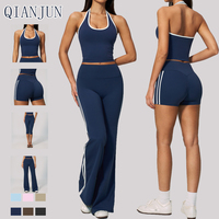 Ensemble de sport 4 pièces personnalisé avec logo pour femme : soutien-gorge de sport, débardeur, leggings taille haute et pantalon évasé de yoga