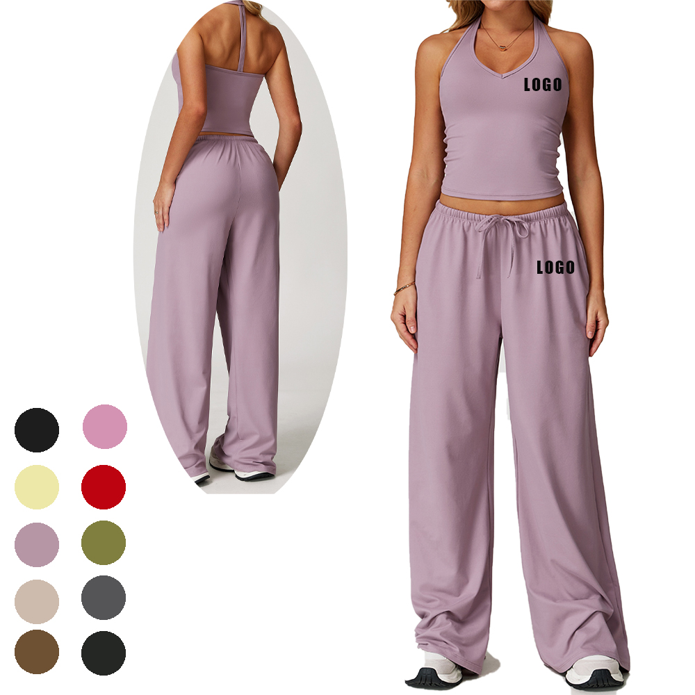 Wholesale Brushed Halter Neck Tank Top Wide-leg Joggers Loose Pants Gym Wear Workout 2 Piece Yoga Sets