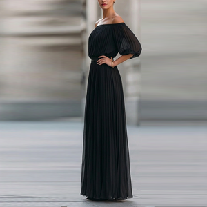 Elegante Abito Lungo da Donna in Chiffon con Spalle Scoperte, Pieghe e Spacco Alto, Vestito da Sera a Maniche Corte per Feste e Cerimonie - Product Image 6