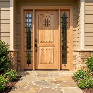 Porte d'entrée rustique sud-ouest en teck massif et bois d'acajou avec grilles en fer forgé et panneaux latéraux assortis - Product Image 4