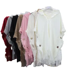 Buttons shawl Bohemian tassels sweater knitted shirt hooded autumn winter lady poncho with women