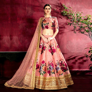 <b>Peach</b> Floral Print Silk Lehenga Choli Set Embroidered Bollywood Outfit With Dupatta Wedding Party Wear - Product Image 1