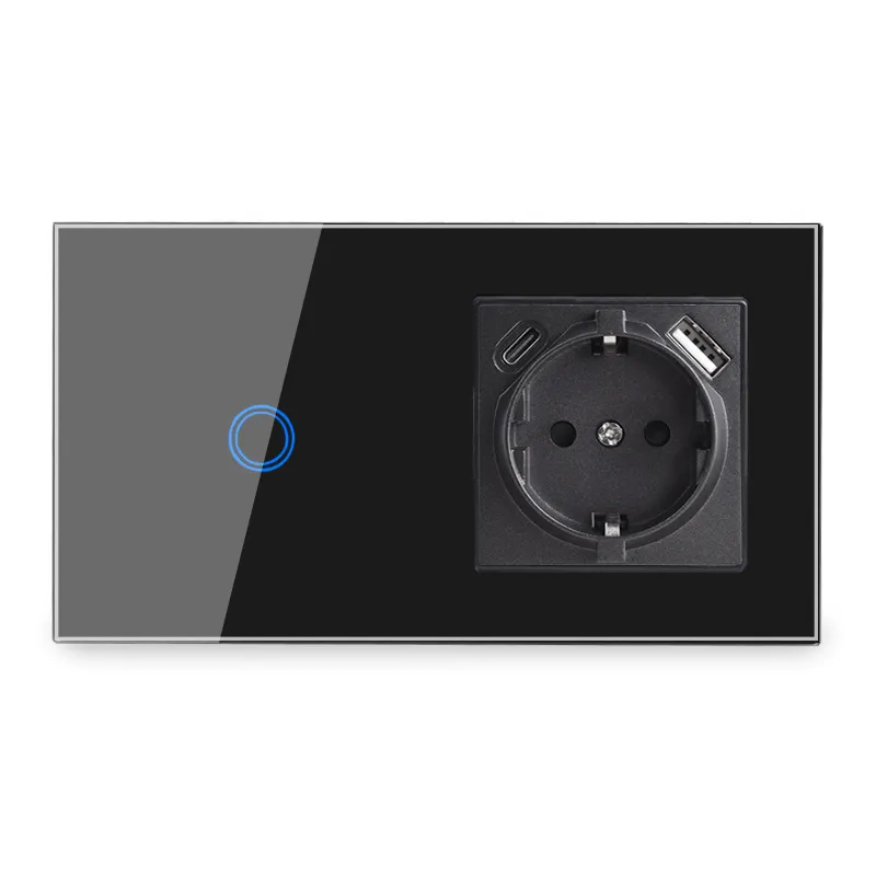 157*86 Touch Switch Tempered Glass Black Joint Wall Socket with USB and Type C German French European Series Combination