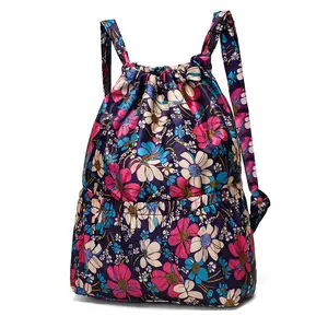 Mochila de cordão de nylon floral personalizada, bolsa casual de nylon com cordão para compras, sacola de cordão para mulheres e homens