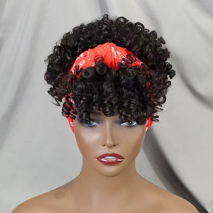 Perruque courte bouclée rebondissante style écharpe pour femmes africaines perruques bandeau entièrement faites à la machine perruque de <span class=keywords><strong>cheveux</strong></span> humains sans colle coupe lutin naturel - Product Image 1