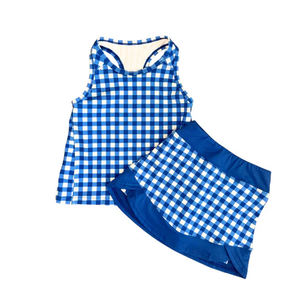 Ensemble jupe de yoga en gros, robe d'été pour bébé fille, longueur genou, imprimé à carreaux rouges, sans manches, respirante, GSD3650 - Product Image 3