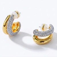 Boucles d'oreilles créoles double rangée en laiton plaqué or 18 carats, micro-pavé de zirconiums cubiques, double bande, style Huggie, pour femme