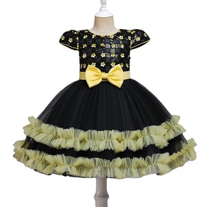 Childrens Dress Black Yellow Floral Sequin Tulle Skirt Bow Belt Princess Costume For Girls 5-7 Years Spring 2022 - Product Image 5