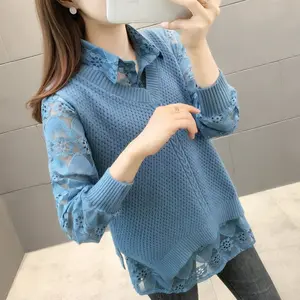 New style fashion long sleeve lace shirt in 2021 spring and Autumn period with knitted sweater vest women's suit RS046