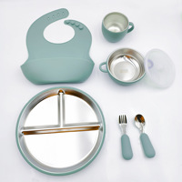Ensemble de 7 pièces d'ustensiles de table pour bébé en acier inoxydable 304 sans BPA, personnalisé OEM, avec bol à ventouse, assiette compartimentée, tasse et cuillère pour enfants