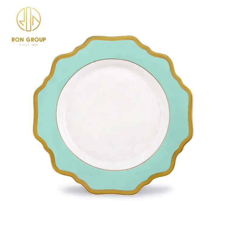 Hot Sale Light Green Flower Shape Bulk Porcelain Dinnerware Hotel Banquet Wedding Charger Plates Wholesale With Gold Rim