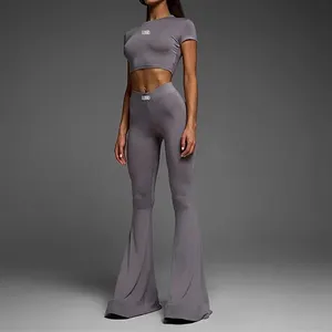 F230404 2024 Custom Wide Flare Leggin Yoga Pants Woman Sport Tank Top Loose High Waist Pants Yoga Set Gym Workout Sets for Women