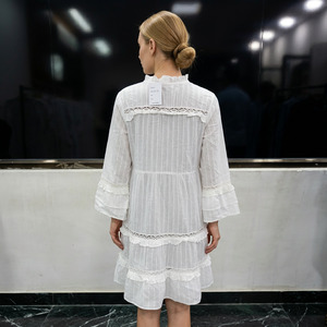 White Boho Mini <b>Dress</b> With Ruffle Sleeve Lace Detail <b>Elastic</b> Waist Loose Fit Full Sleeve Summer Casual <b>Dress</b> - Product Image 3