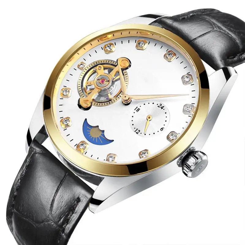 नि: शुल्क नमूने सबसे अच्छा बेच पुरुषों की घड़ी के साथ सूर्य चंद्रमा स्टार यांत्रिक घड़ी हीरा और Tourbillon निविड़ अंधकार घड़ी
