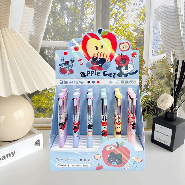 Apple Cat 0.5mm Three-Color Ballpoint High Aesthetic Cartoon Pen Journal Student Highlighting Cute Multi-Function Multi-color